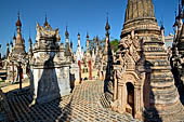 Rows of stupas in the Kakku (Kekku) Pagoda complex. The complex was kept hidden from the rest of the world until 2002 when it was opened to foreigners. Shan State, Burma (Myanmar). 
